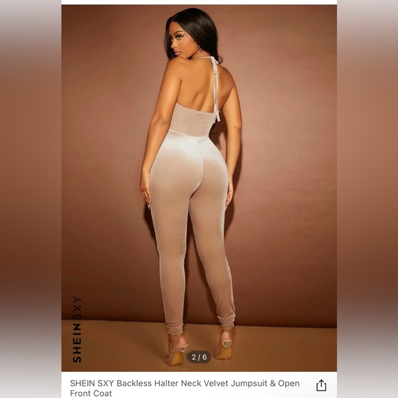 Backless halter neck velvet jumpsuit with open coat - Picture 2 of 3